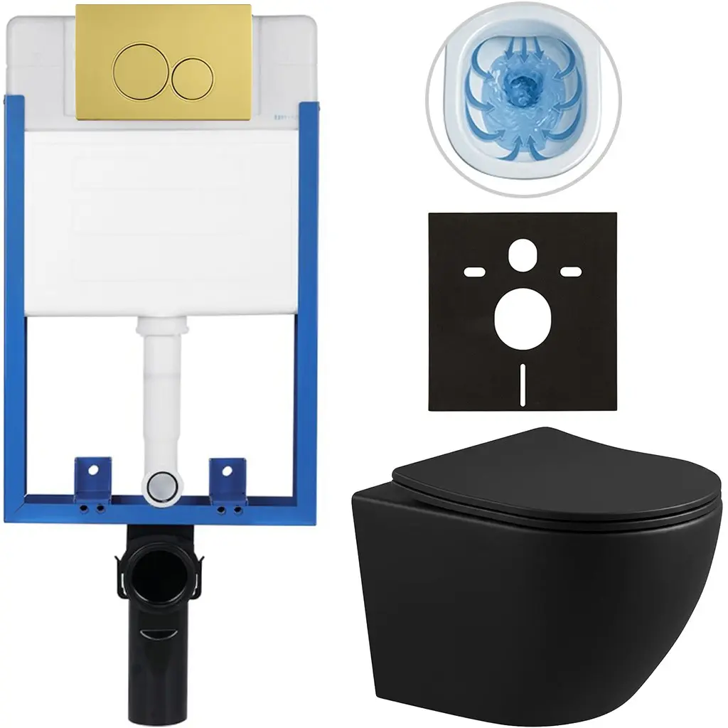 Kompletní WC set Profi/Cesso - černá matná - WC tlačítko Duo/Zlatá - pro zazdění - 49x36 cm