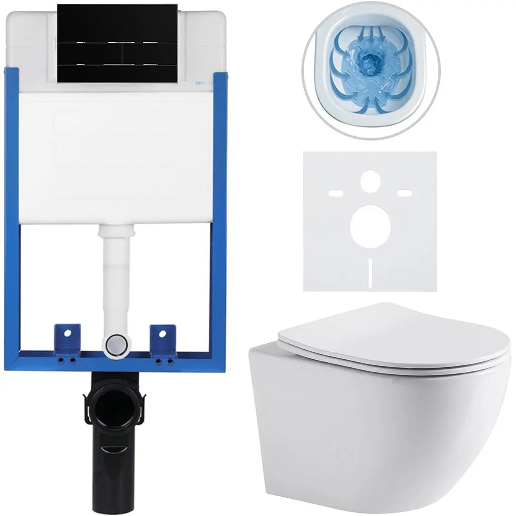 Kompletní WC set Profi/Cesso - bílá lesklá - WC tlačítko Line/Černá lesklá - pro zazdění - 49x36 cm - 8050BD84240