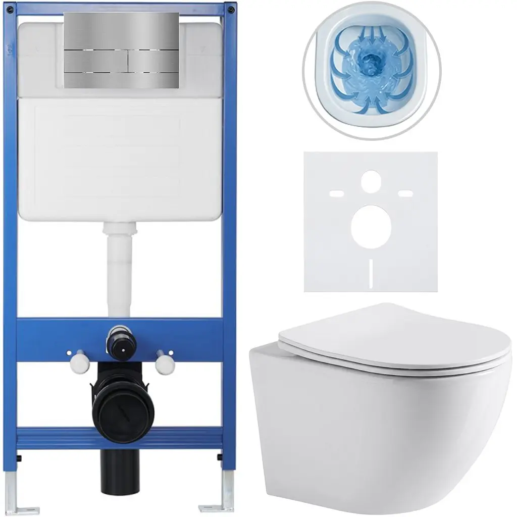Kompletní WC set Profi/Cesso - bílá lesklá - WC tlačítko Line/Nerez - předstěnová instalace - 49x36 cm - 8050BD84243