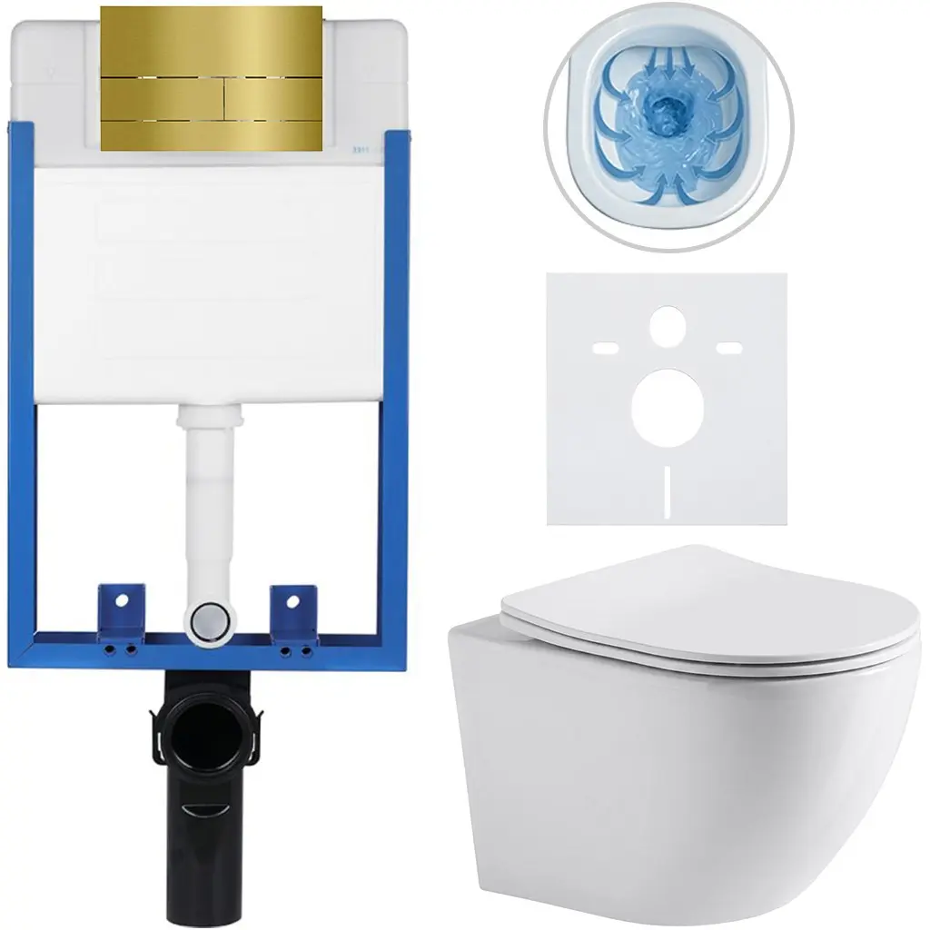 Kompletní WC set Profi/Cesso - bílá lesklá - WC tlačítko Line/Zlatá - pro zazdění - 49x36 cm