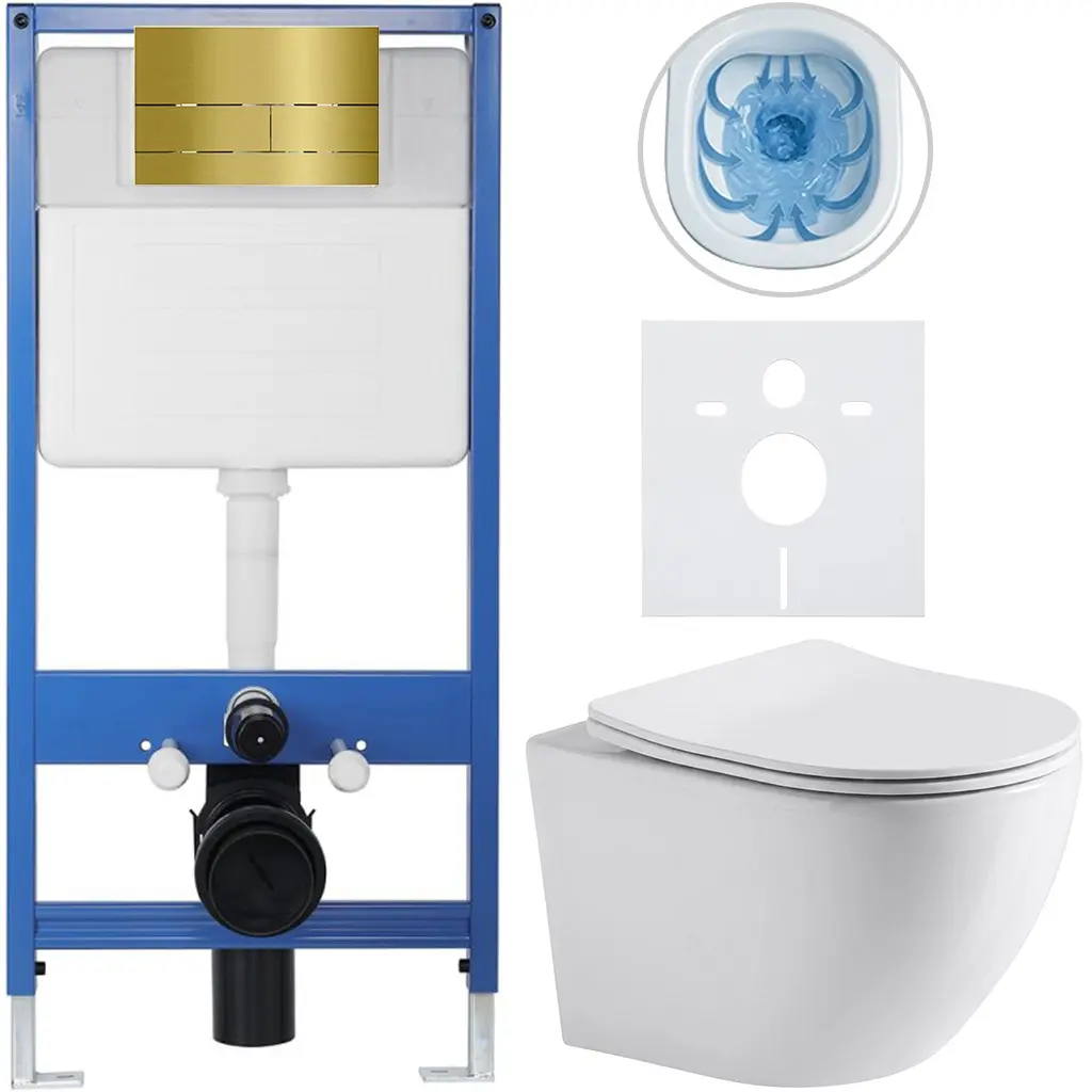 CERANO Kompletní WC set Profi/Cesso bílá lesklá WC tlačítko Line/Zlatá předstěnová instalace 49x36  CER-8050BD84245