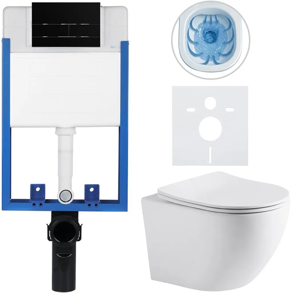 CERANO Kompletní WC set Profi/Cesso bílá matná WC tlačítko Line/Černá lesklá pro zazdění 49x36  CER-8050BD84248