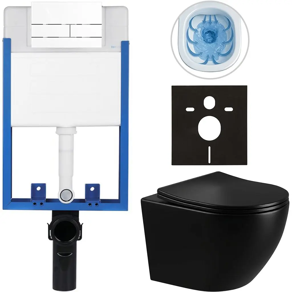 Kompletní WC set Profi/Cesso - černá lesklá - WC tlačítko Line/Bílá - pro zazdění - 49x36 cm