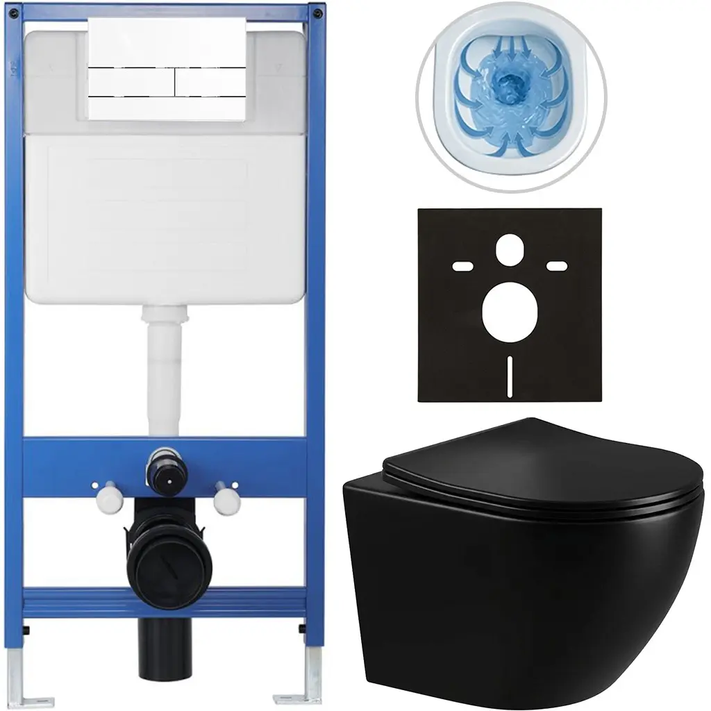 Kompletní WC set Profi/Cesso - černá lesklá - WC tlačítko Line/Bílá - předstěnová instalace - 49x36 cm