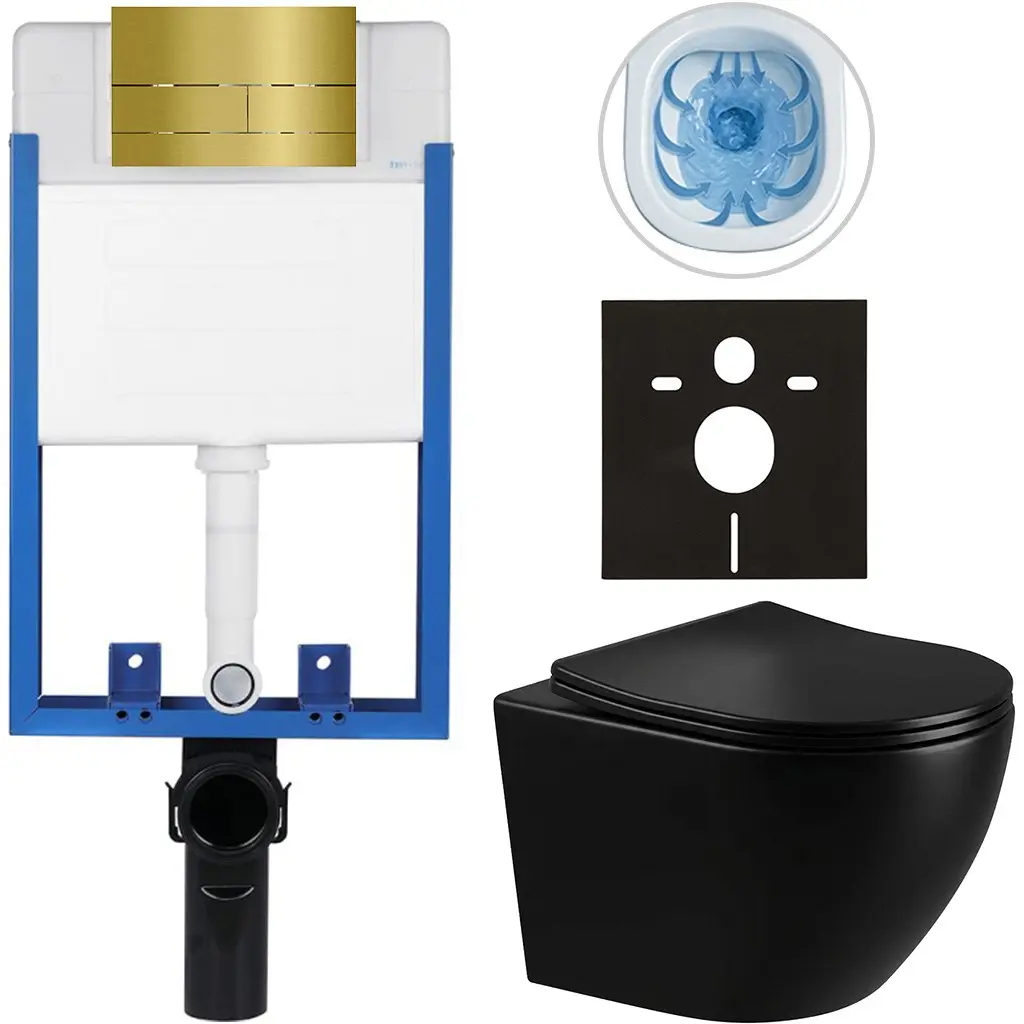 Kompletní WC set Profi/Cesso - černá lesklá - WC tlačítko Line/Zlatá - pro zazdění - 49x36 cm