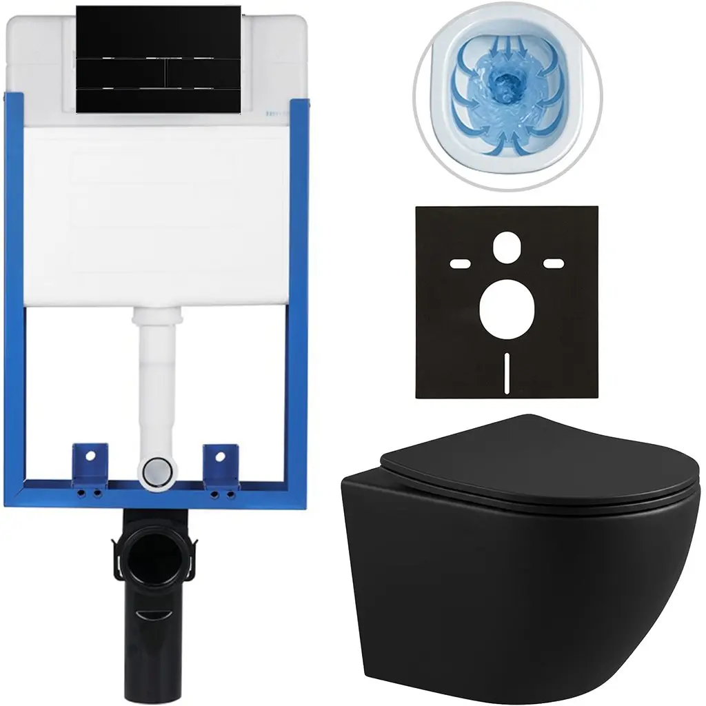 Kompletní WC set Profi/Cesso - černá matná - WC tlačítko Line/Černá lesklá - pro zazdění - 49x36 cm - 8050BD84264