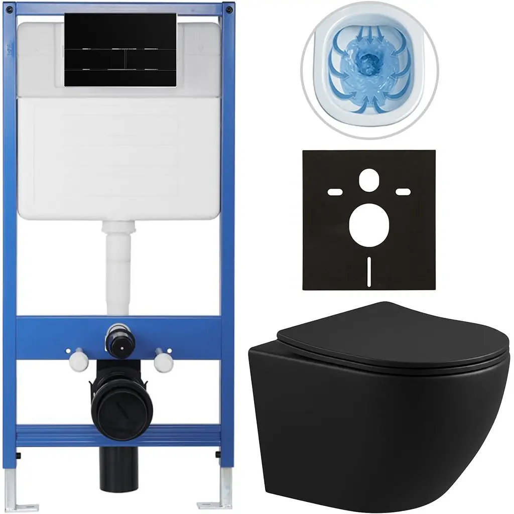 Kompletní WC set Profi/Cesso - černá matná - WC tlačítko Line/Černá lesklá - předstěnová instalace - 49x36 cm - 8050BD84265