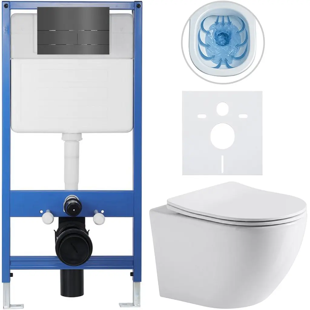 Kompletní WC set Profi/Cesso - bílá lesklá - WC tlačítko Line/Tmavě šedá - předstěnová instalace - 49x36 cm