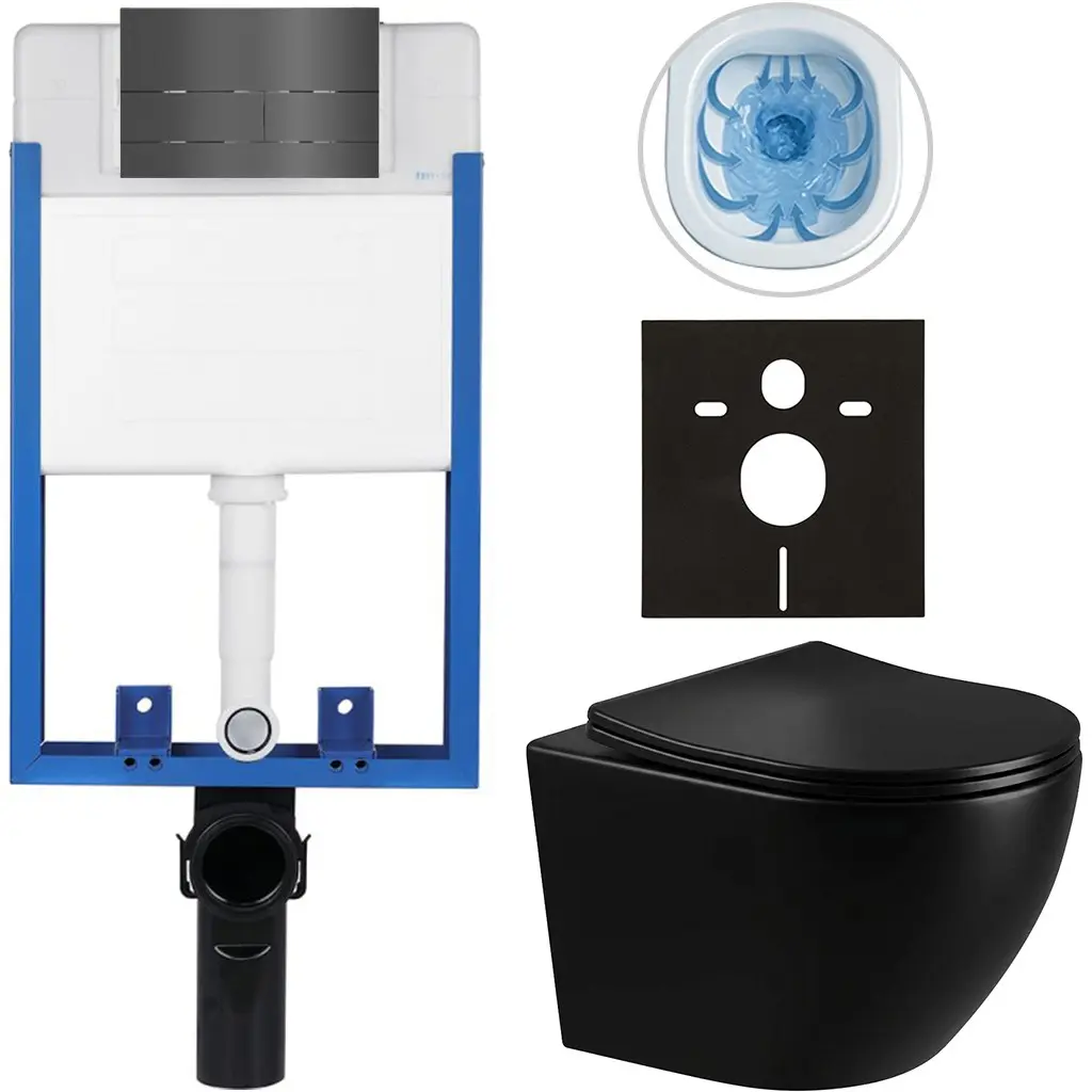 CERANO Kompletní WC set Profi/Cesso černá lesklá WC tlačítko Line/Tmavě šedá pro zazdění 49x36 CER-8050BD84274