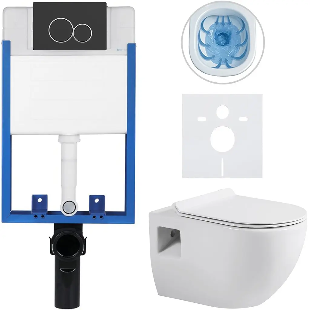 Kompletní WC set Profi/Dure - bílá lesklá - WC tlačítko Duo/Černá matná - pro zazdění - 51x35 cm