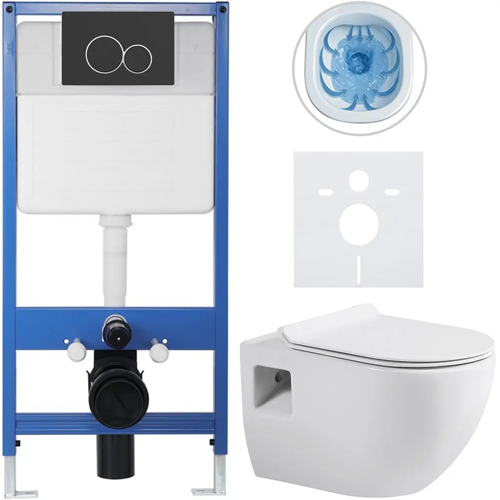 Kompletní WC set Profi/Dure - bílá lesklá - WC tlačítko Duo/Černá matná - předstěnová instalace - 51x35 cm