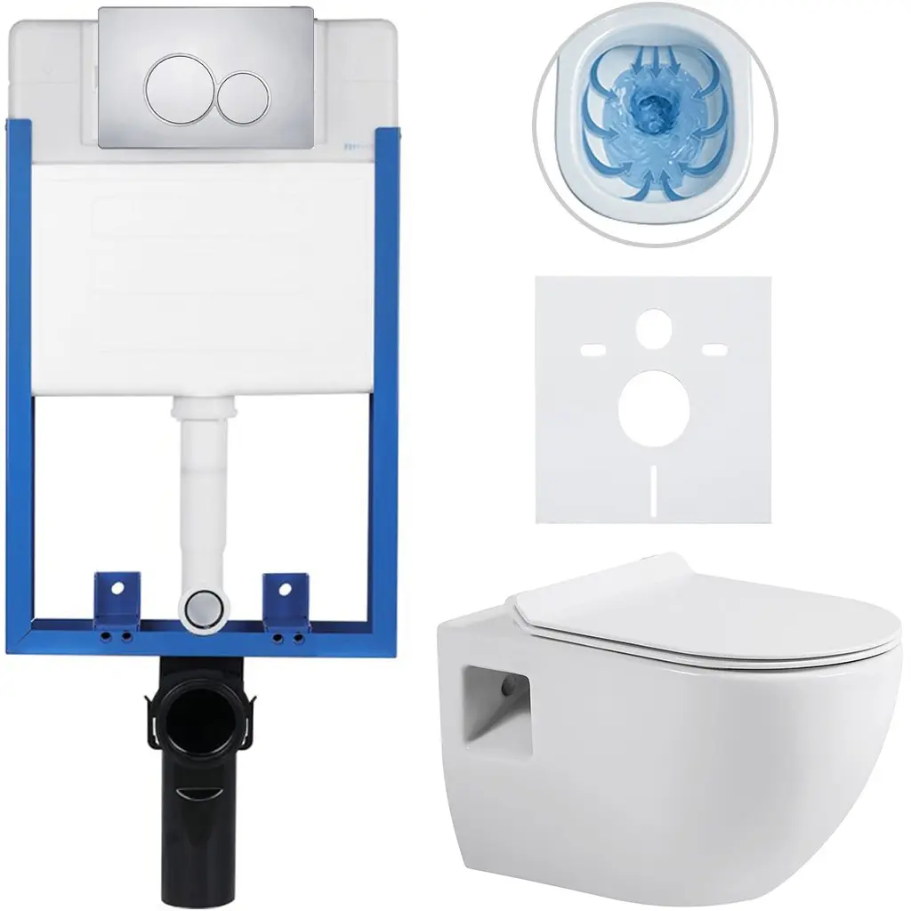 Kompletní WC set Profi/Dure - bílá lesklá - WC tlačítko Duo/Chrom - pro zazdění - 51x35 cm