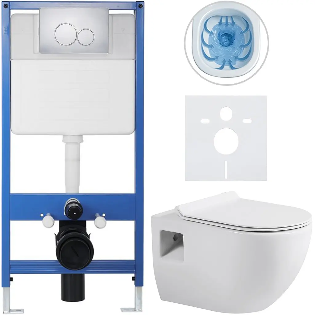 Kompletní WC set Profi/Dure - bílá lesklá - WC tlačítko Duo/Chrom - předstěnová instalace - 51x35 cm