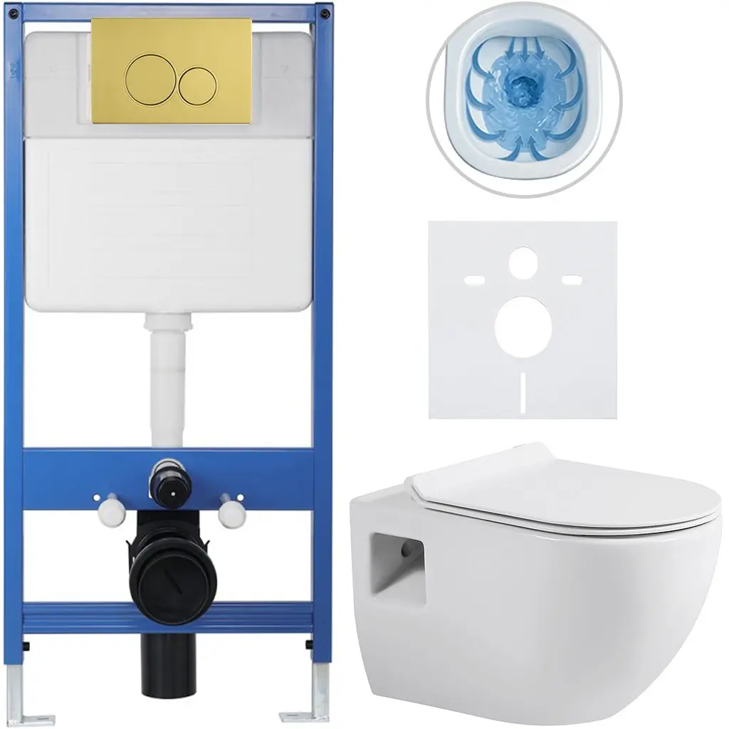 Kompletní WC set Profi/Dure - bílá lesklá - WC tlačítko Duo/Zlatá - předstěnová instalace - 51x35 cm