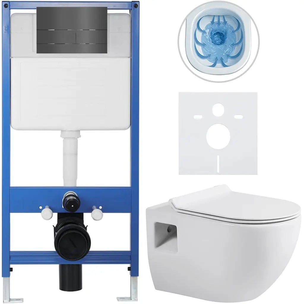 Kompletní WC set Profi/Dure - bílá lesklá - WC tlačítko Line/Tmavě šedá - předstěnová instalace - 51x35 cm