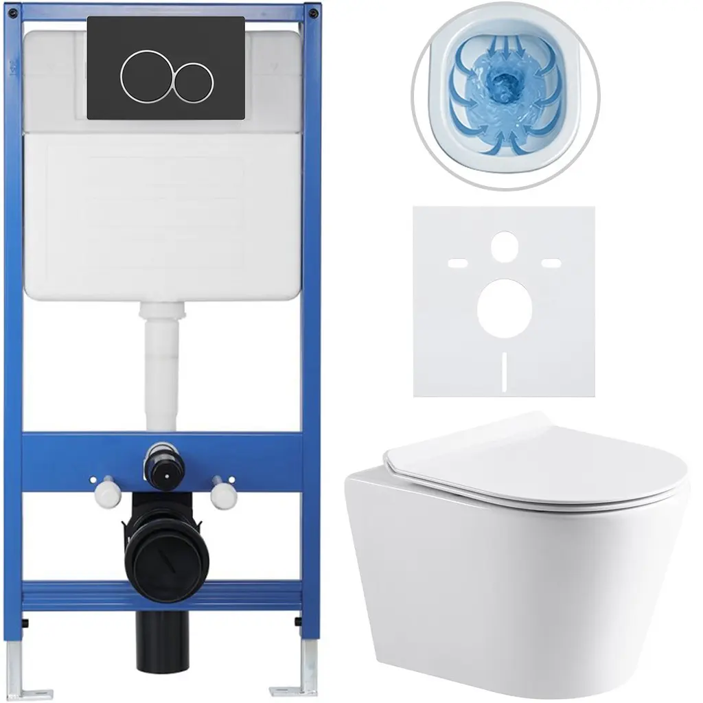 Kompletní WC set Profi/Carlito - bílá lesklá - WC tlačítko Duo/Černá matná - předstěnová instalace - 48,5x36,5 cm