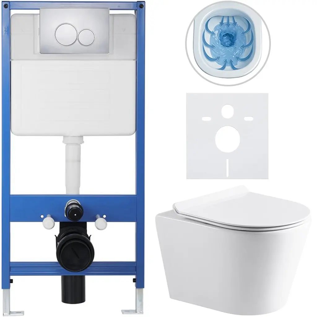 Kompletní WC set Profi/Carlito - bílá lesklá - WC tlačítko Duo/Chrom - předstěnová instalace - 48,5x36,5 cm