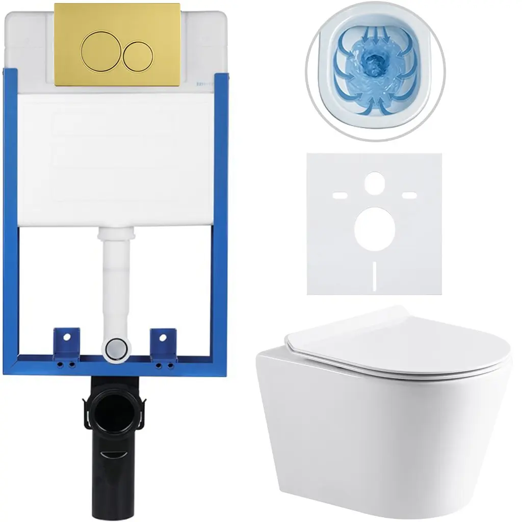 CERANO Kompletní WC set Profi/Carlito bílá lesklá WC tlačítko Duo/Zlatá pro zazdění 48,5x36,5  CER-8050BD84302
