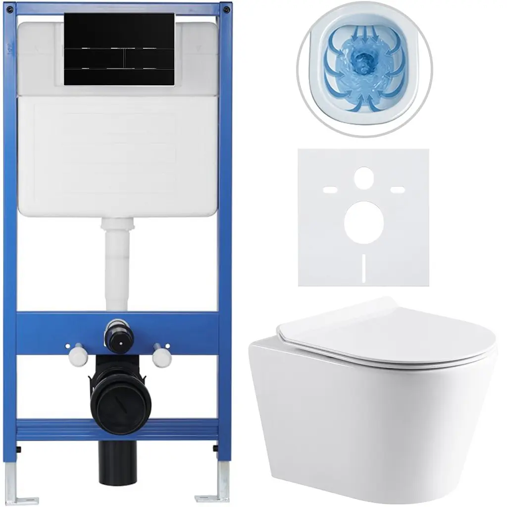 CERANO Kompletní WC set Profi/Carlito bílá lesklá WC tlačítko Line/Černá lesklá předstěnová instalace 48,5x36,5  CER-8050BD84307