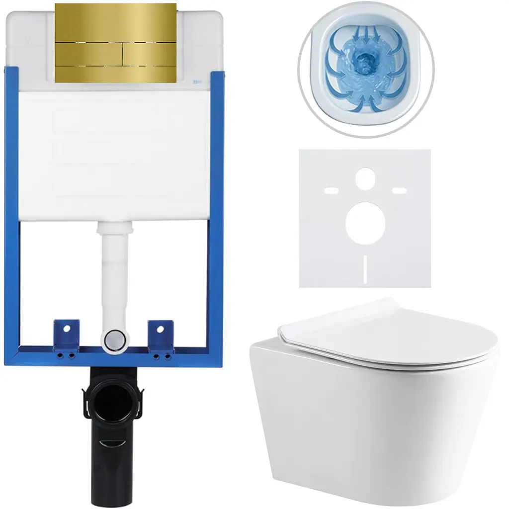 CERANO Kompletní WC set Profi/Carlito bílá lesklá WC tlačítko Line/Zlatá pro zazdění 48,5x36,5  CER-8050BD84312