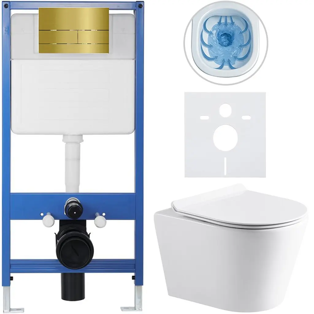 Kompletní WC set Profi/Carlito - bílá lesklá - WC tlačítko Line/Zlatá - předstěnová instalace - 48,5x36,5 cm