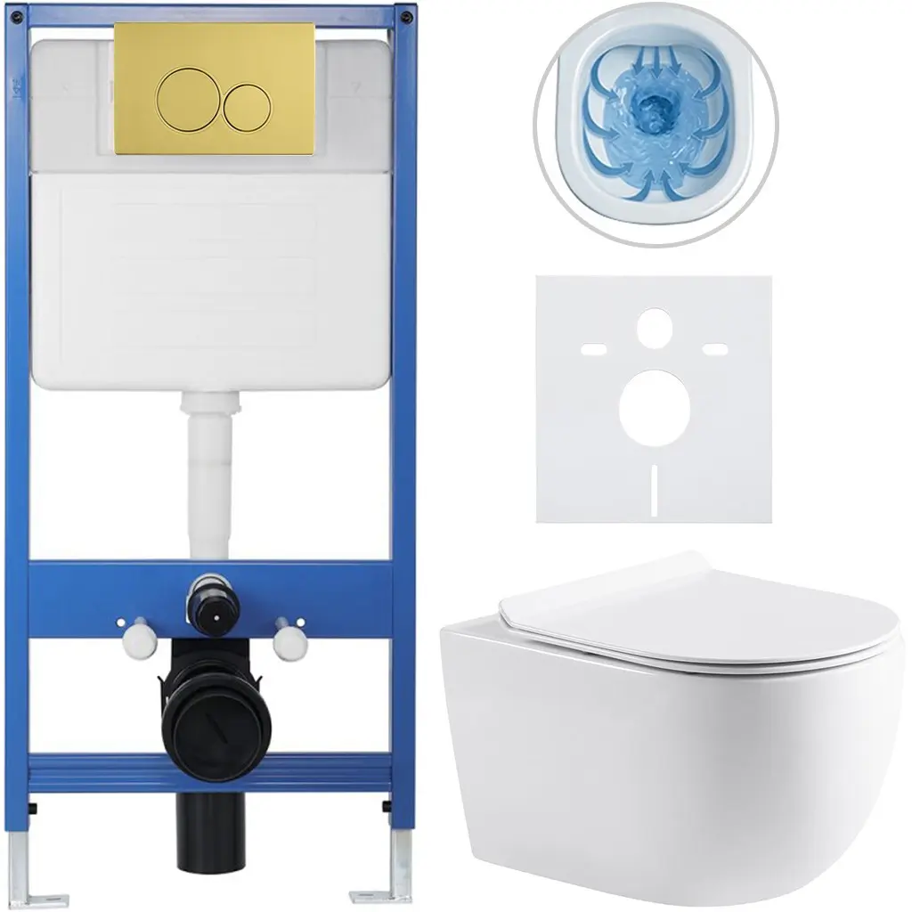 CERANO Kompletní WC set Profi/Felci bílá lesklá WC tlačítko Duo/Zlatá předstěnová instalace 52,5x36  CER-8050BD84321
