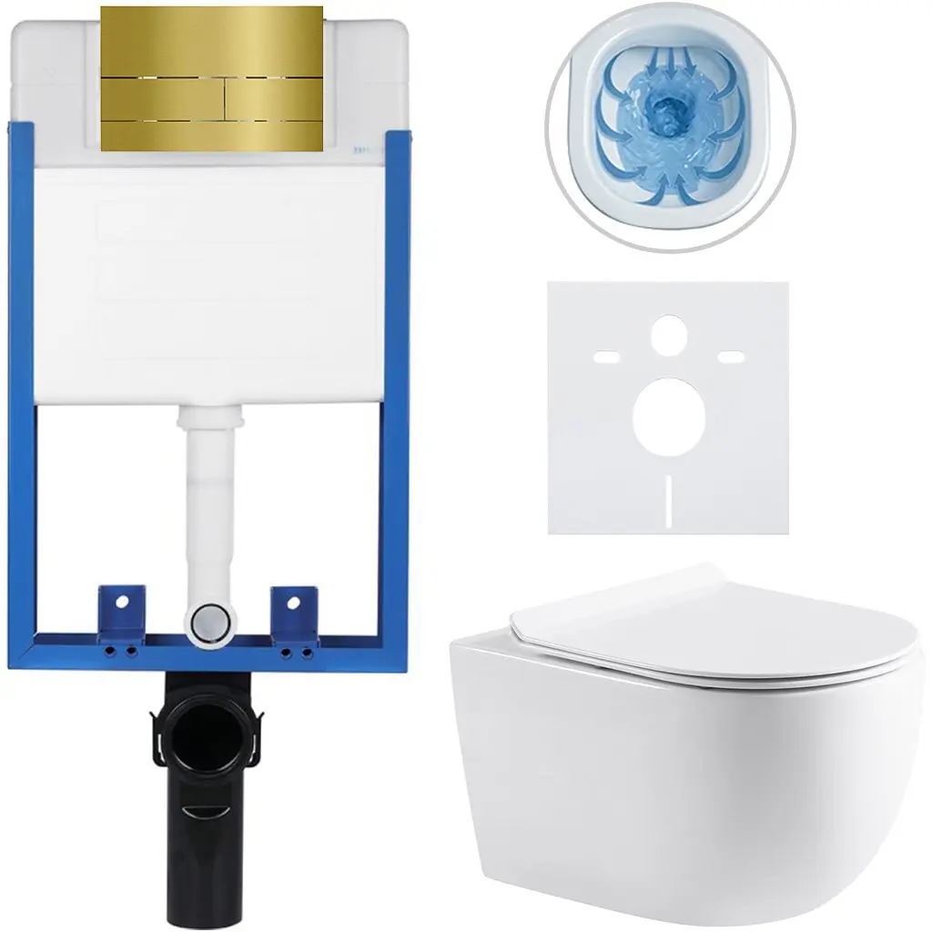 CERANO Kompletní WC set Profi/Felci bílá lesklá WC tlačítko Line/Zlatá pro zazdění 52,5x36 CER-8050BD84330