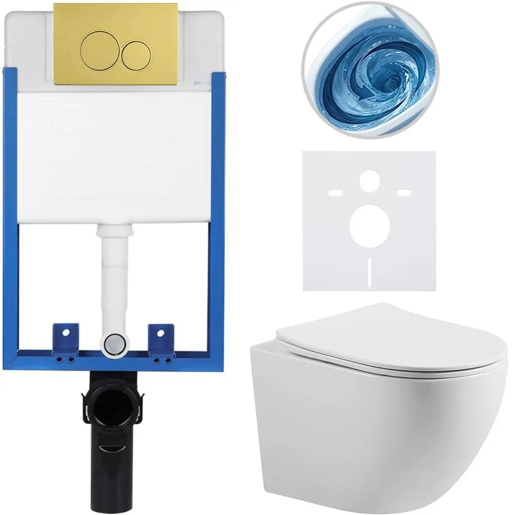 CERANO Kompletní WC set Profi/Cesso bílá lesklá WC tlačítko Duo. zlatá pro zazdění 49x36  CER-8050BD84338