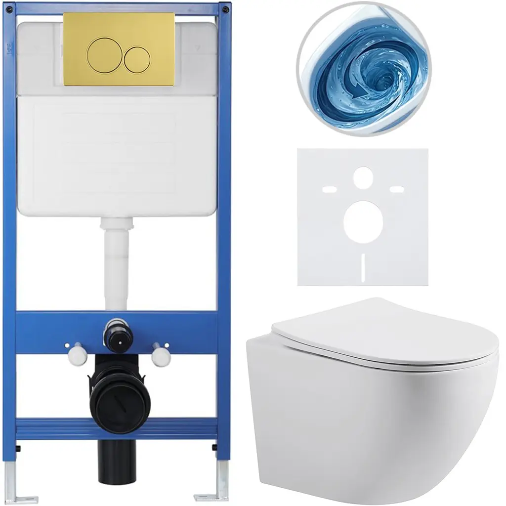 CERANO Kompletní WC set Profi/Cesso bílá matná WC tlačítko Duo. zlatá předstěnová instalace 49x36  CER-8050BD84347