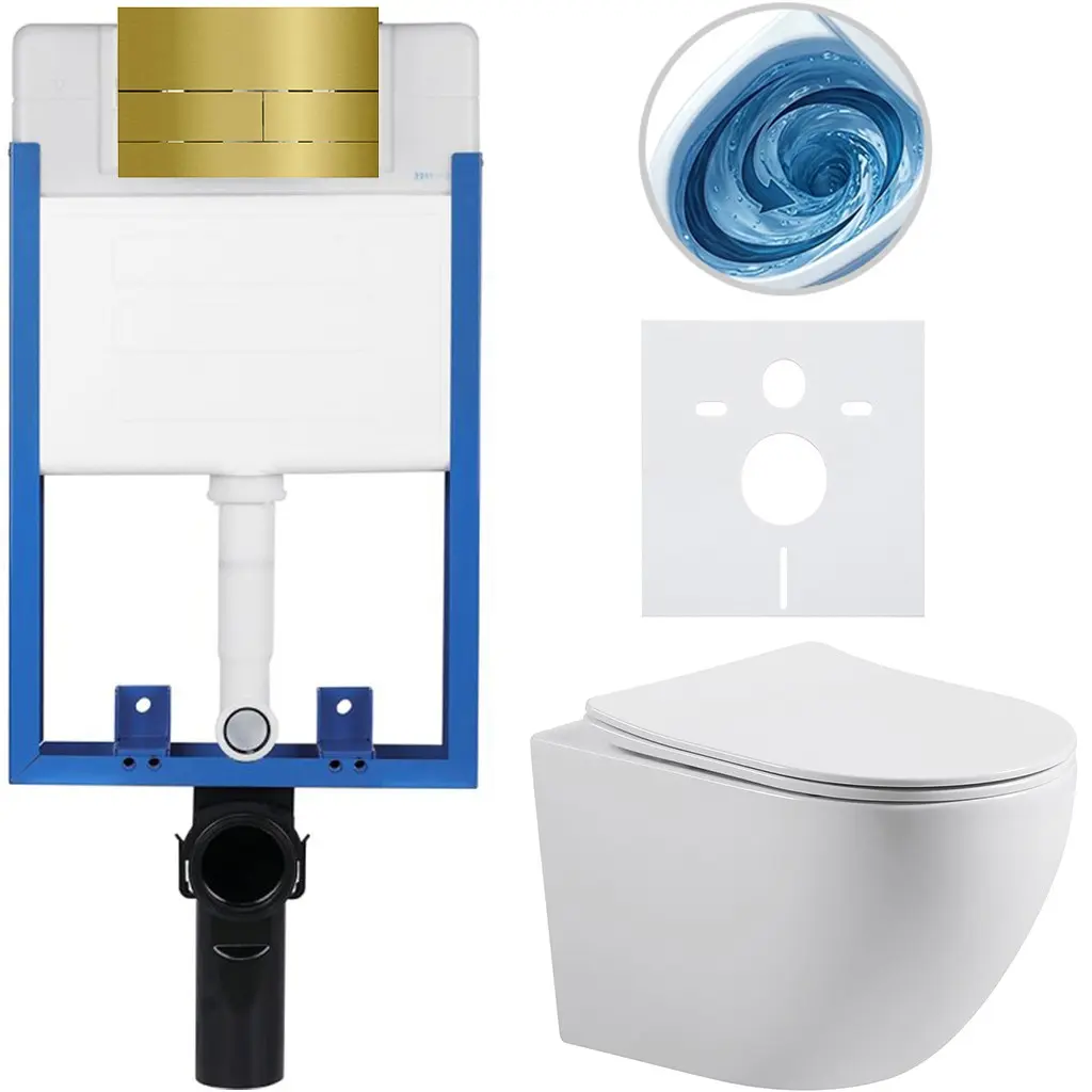 Kompletní WC set Profi/Cesso - bílá lesklá - WC tlačítko Line. zlatá - pro zazdění - 49x36 cm