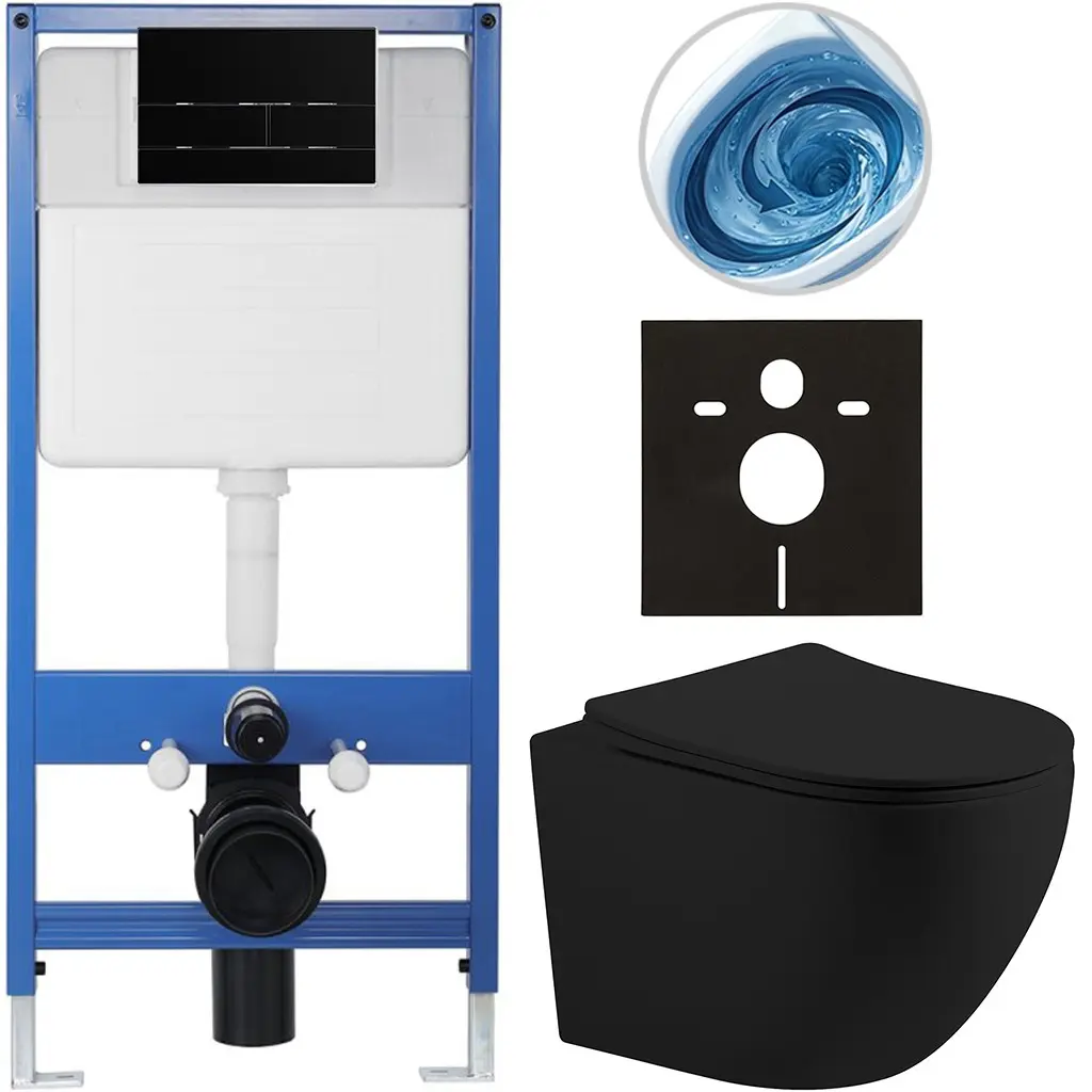 CERANO Kompletní WC set Profi/Cesso černá matná WC tlačítko Line/Černá lesklá předstěnová instalace 49x36  CER-8050BD84379