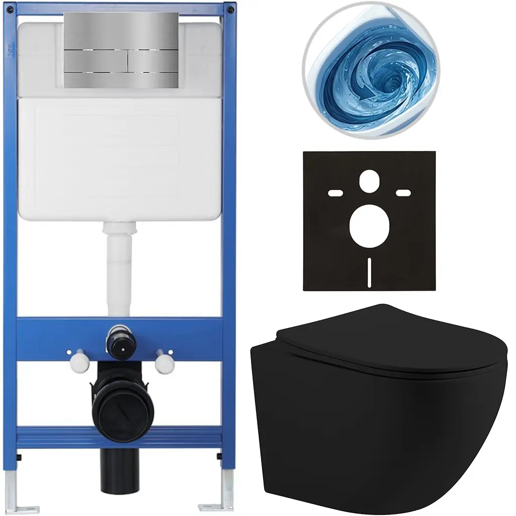 Kompletní WC set Profi/Cesso - černá matná - WC tlačítko Line/Nerez - předstěnová instalace - 49x36 cm - 8050BD84381
