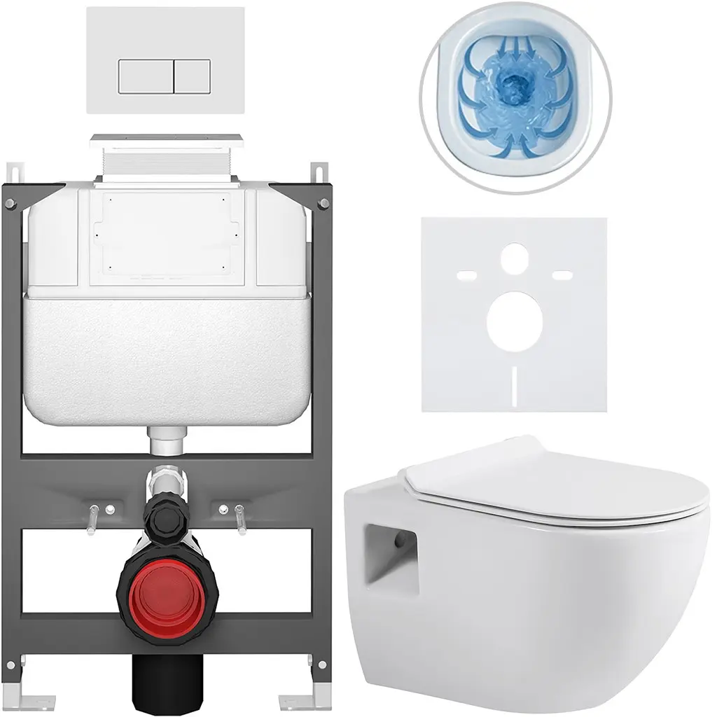 Kompletní WC set Basic/Dure - bílá lesklá - WC tlačítko Modulo/Bílá - ovládání shora - předstěnová instalace - 51x35 cm