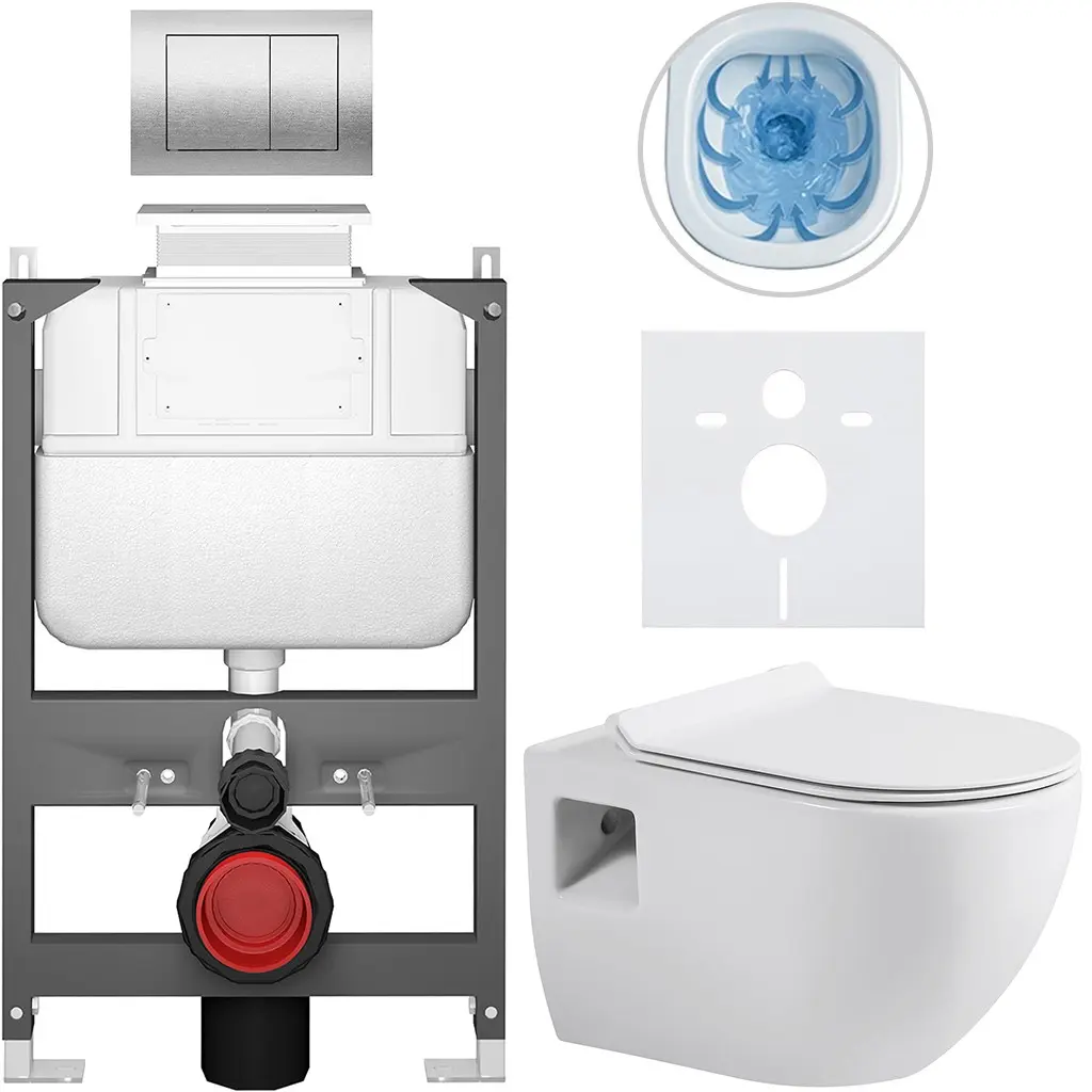 CERANO Kompletní WC set Basic/Dure bílá lesklá WC tlačítko Maxio/Stříbrná ovládání shora předstěnová instalace 51x35  CER-8050BD85887