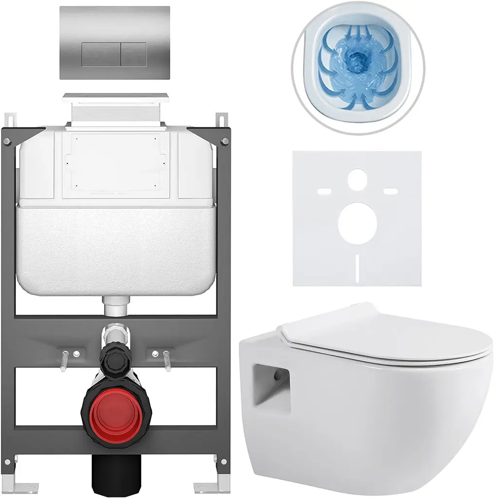CERANO Kompletní WC set Basic/Dure bílá lesklá WC tlačítko Modulo/Stříbrná ovládání shora předstěnová instalace 51x35  CER-8050BD85888