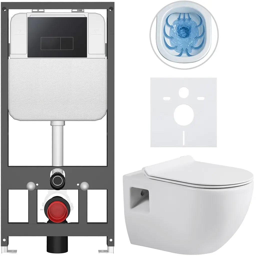 Kompletní WC set Basic/Dure - bílá lesklá - WC tlačítko Modulo/Černá - závěsné - předstěnová instalace - 51x35 cm