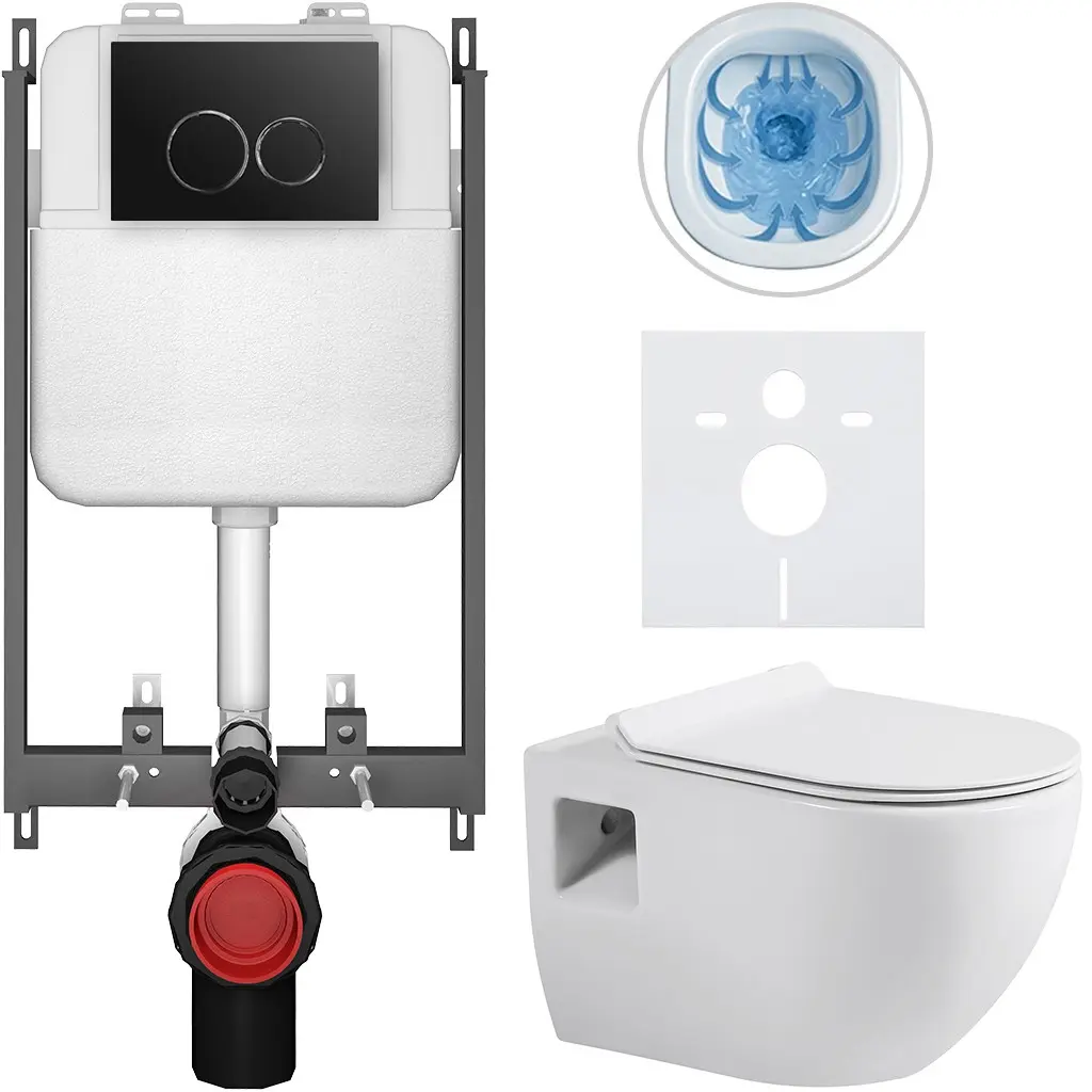 CERANO Kompletní WC set Basic/Dure bílá lesklá WC tlačítko Dualo/Černá pro zazdění 51x35  CER-8050BD85901