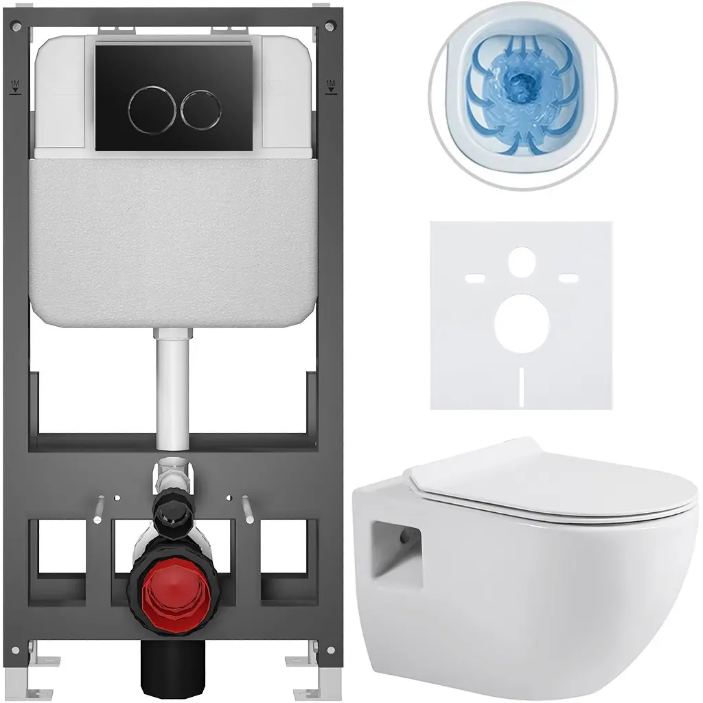 CERANO Kompletní WC set Basic/Dure bílá lesklá WC tlačítko Dualo/Černá volně stojící předstěnová instalace 51x35 CER-8050BD85910