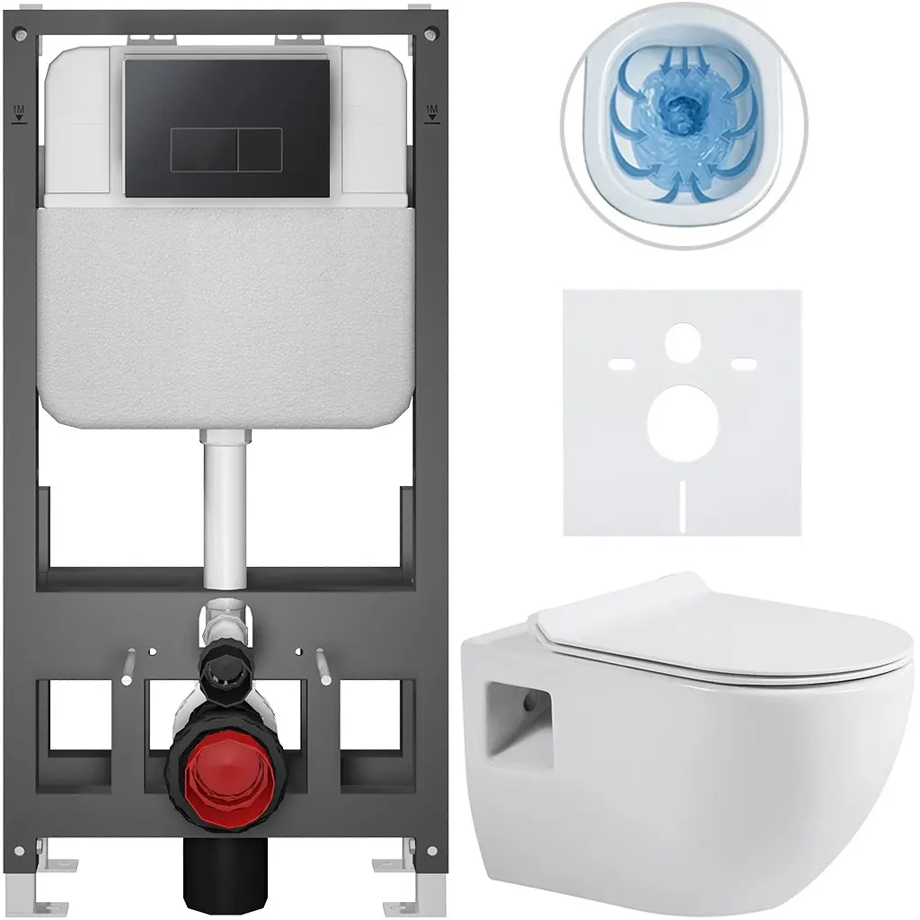 Kompletní WC set Basic/Dure - bílá lesklá - WC tlačítko Modulo/Černá - volně stojící - předstěnová instalace - 51x35 cm