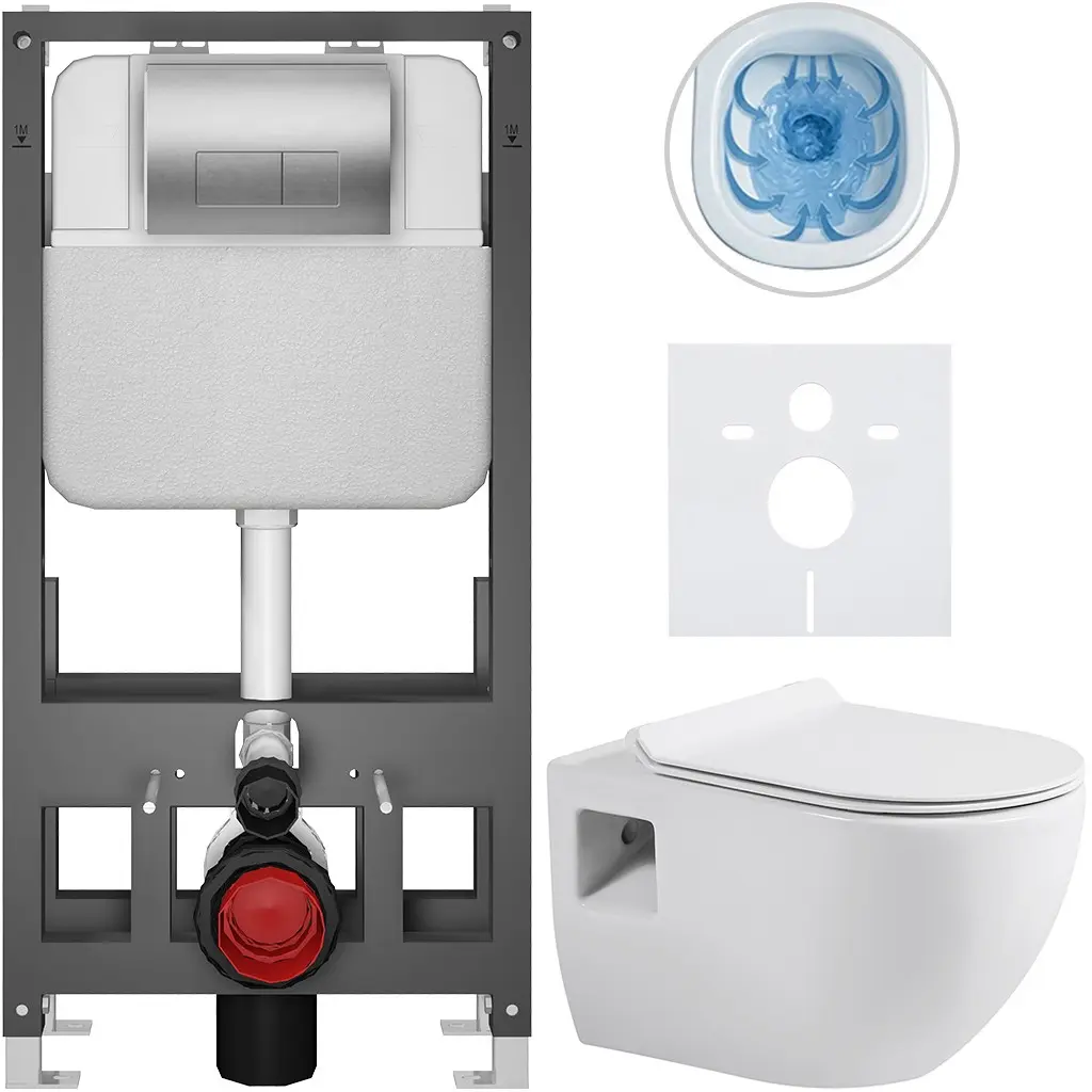 Kompletní WC set Basic/Dure - bílá lesklá - WC tlačítko Modulo/Stříbrná - volně stojící - předstěnová instalace - 51x35 cm