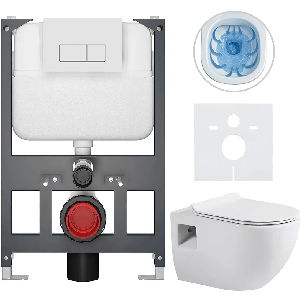 Kompletní WC set Basic/Dure - bílá lesklá - WC tlačítko Modulo/Bílá - závěsné - nízký modul - předstěnová instalace - 51x35 cm
