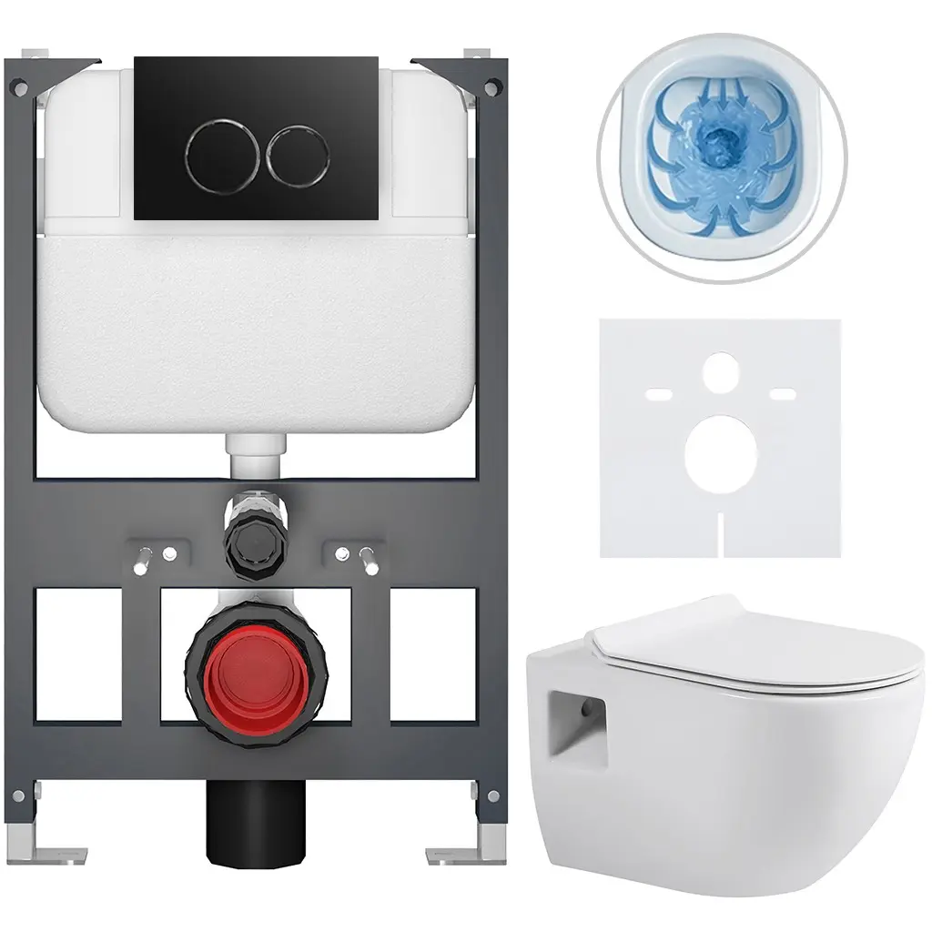 CERANO Kompletní WC set Basic/Dure bílá lesklá WC tlačítko Dualo/Černá závěsné nízký modul předstěnová instalace 51x35  CER-8050BD85919