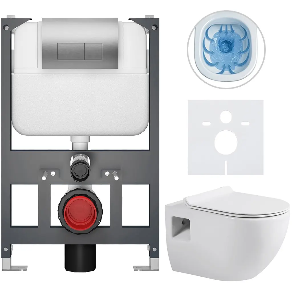 Kompletní WC set Basic/Dure - bílá lesklá - WC tlačítko Modulo/Stříbrná - závěsné - nízký modul - předstěnová instalace - 51x35 cm