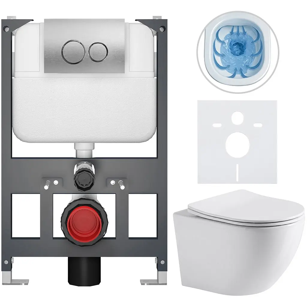 Kompletní WC set Basic/Cesso - bílá lesklá - WC tlačítko Dualo/Stříbrná - závěsné - nízký modul - předstěnová instalace - 49x36 cm - 8050BD85939