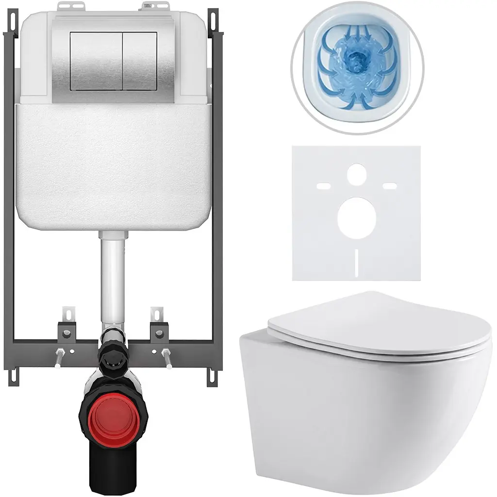 CERANO Kompletní WC set Basic/Cesso bílá lesklá WC tlačítko Maxio/Stříbrná pro zazdění 49x36 CER-8050BD85951