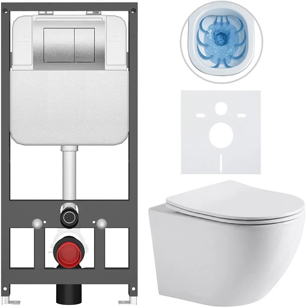 CERANO Kompletní WC set Basic/Cesso bílá lesklá WC tlačítko Maxio/Stříbrná závěsné předstěnová instalace 49x36  CER-8050BD85953