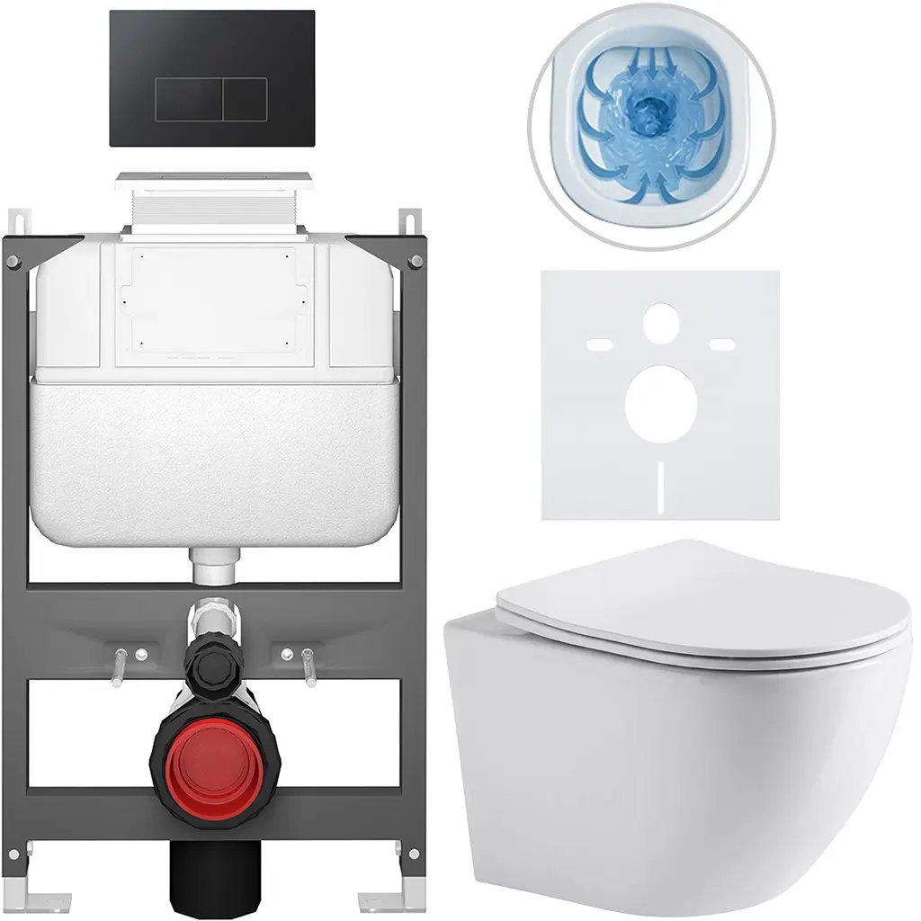 Kompletní WC set Basic/Cesso - bílá lesklá - WC tlačítko Modulo/Černá - ovládání shora - předstěnová instalace - 49x36 cm - 8050BD85960