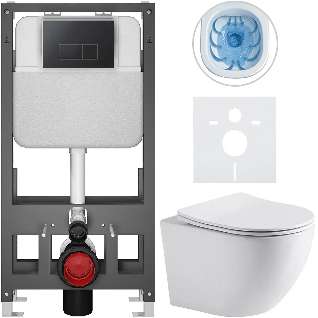 Kompletní WC set Basic/Cesso - bílá lesklá - WC tlačítko Modulo/Černá - volně stojící - předstěnová instalace - 49x36 cm - 8050BD85962