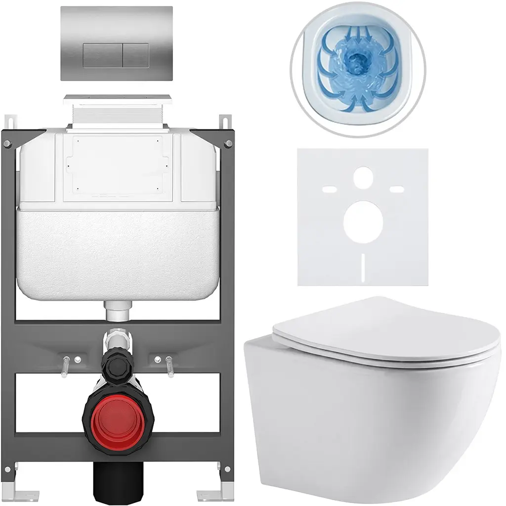 Kompletní WC set Basic/Cesso - bílá lesklá - WC tlačítko Modulo/Stříbrná - ovládání shora - předstěnová instalace - 49x36 cm - 8050BD85965