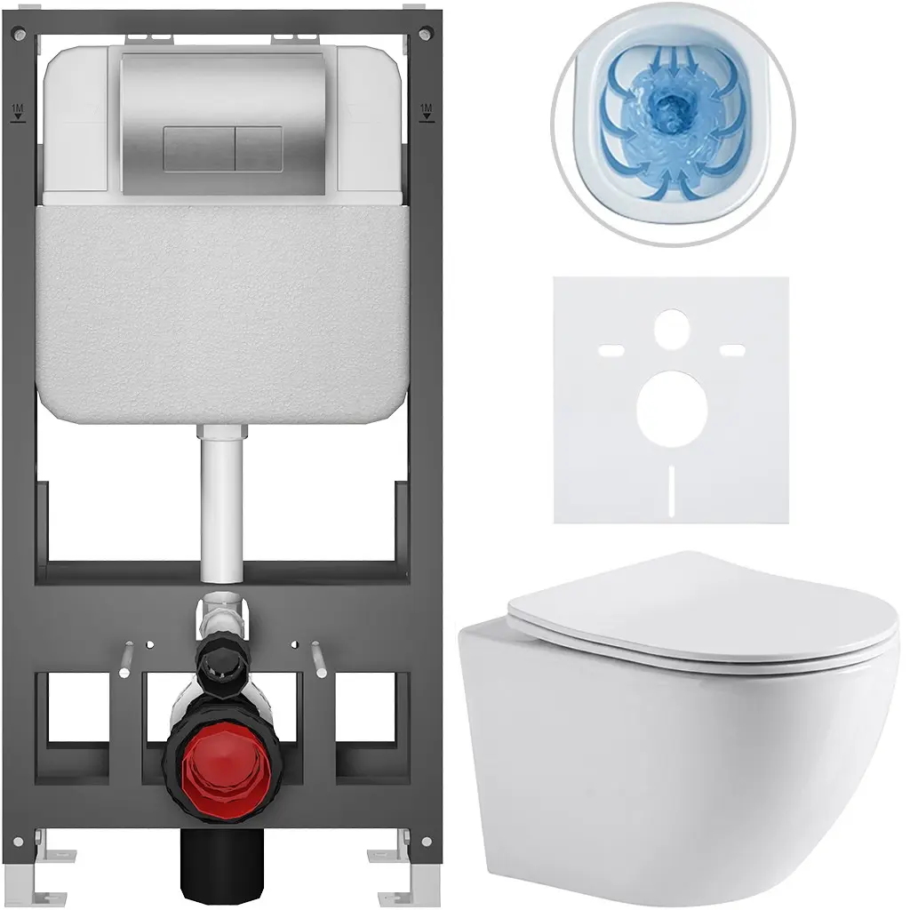 Kompletní WC set Basic/Cesso - bílá lesklá - WC tlačítko Modulo/Stříbrná - volně stojící - předstěnová instalace - 49x36 cm - 8050BD85967